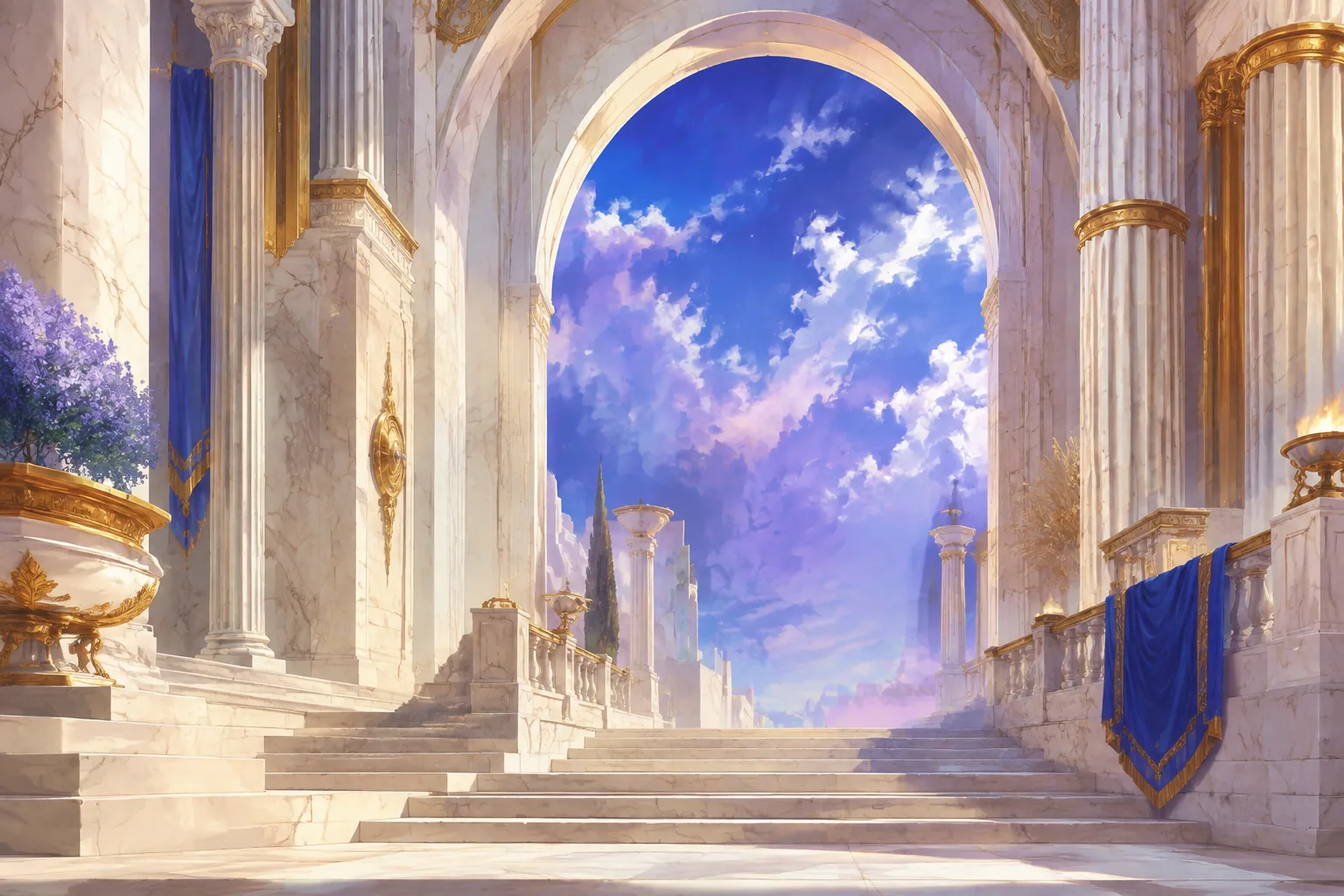 Contemporary concept illustration of luminous marble steps, classical-inspired columns and an invented monumental arch beneath a blue-violet sky